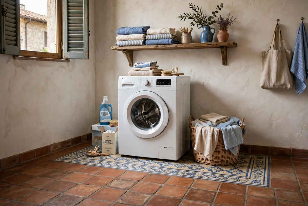 Italian laundry room floor with terracotta tiles and a patterned cream and blue tile border.