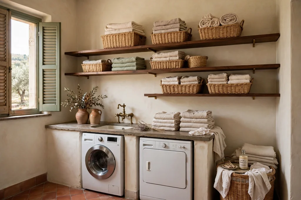Open walnut shelves with woven baskets and folded towels in an Italian laundry room.