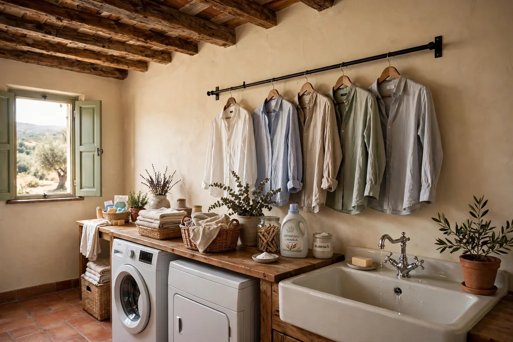 Italian laundry room with exposed wood ceiling beams and a hanging rail for clothes.