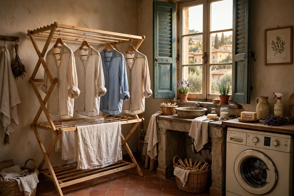 Freestanding wooden drying rack holding linen shirts beside a window in an Italian laundry room.