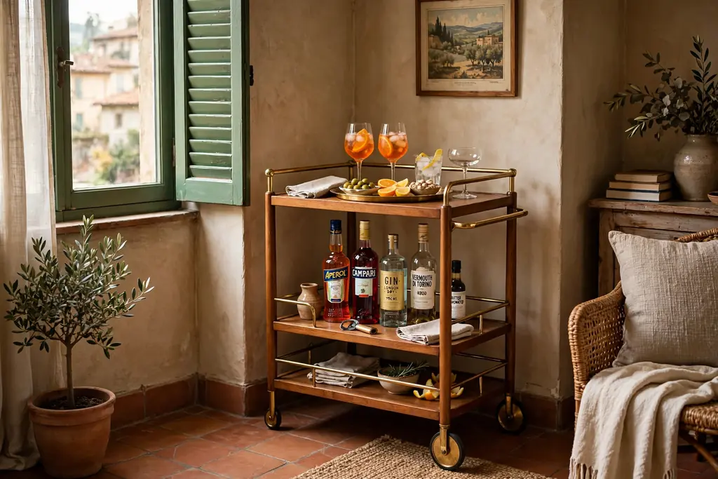 Aperitivo bar cart with glasses and a tray in a corner of an Italian living room.