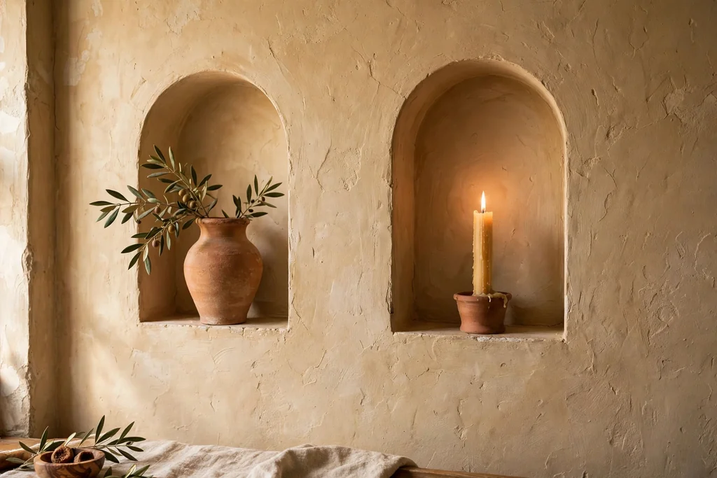 Italian living room wall with arched niches holding a vase and a candle.