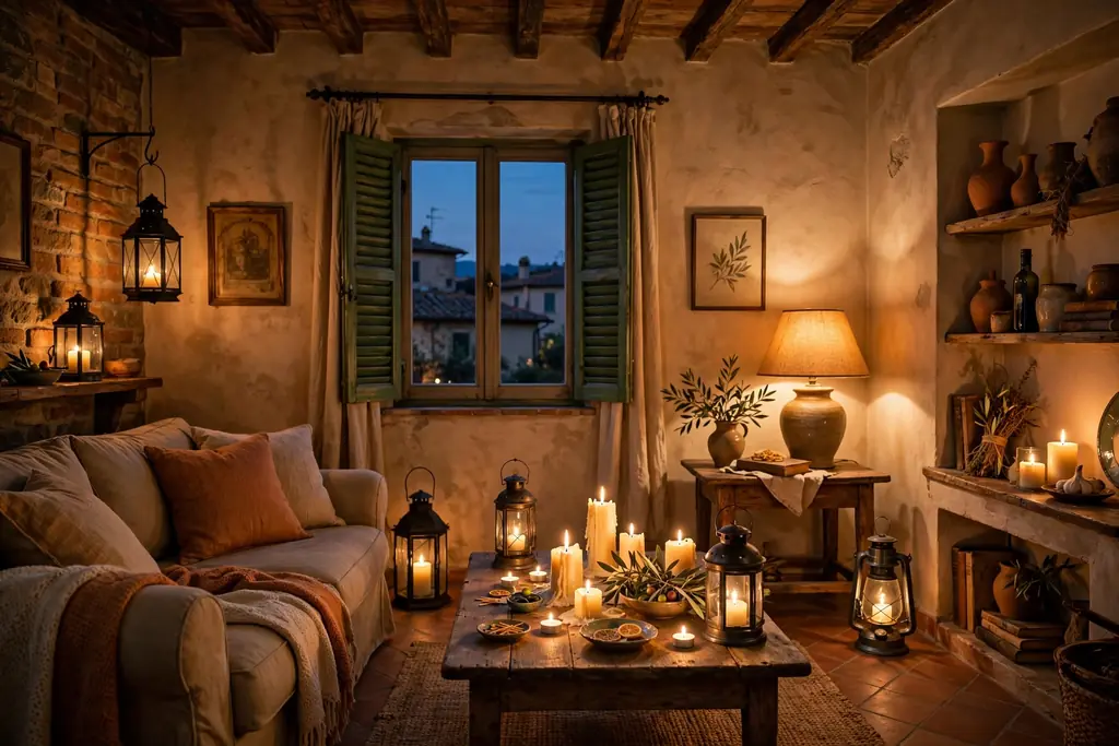 Candlelit Italian living room in the evening with lanterns and low lamplight.