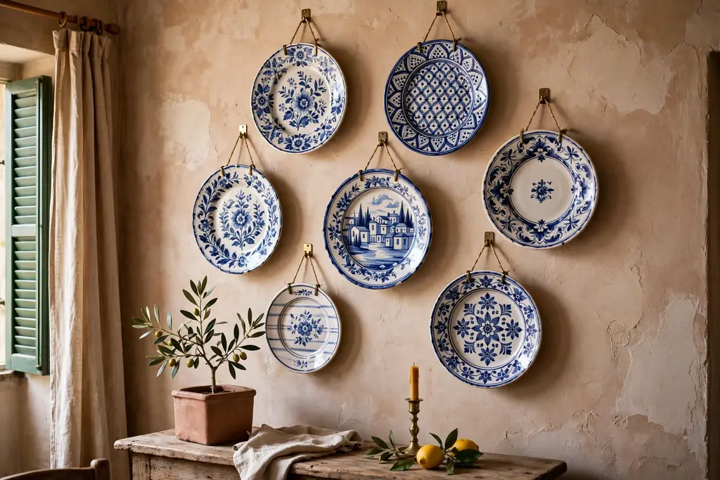 Hand painted ceramic plates hung on a warm plaster wall in an Italian living room.