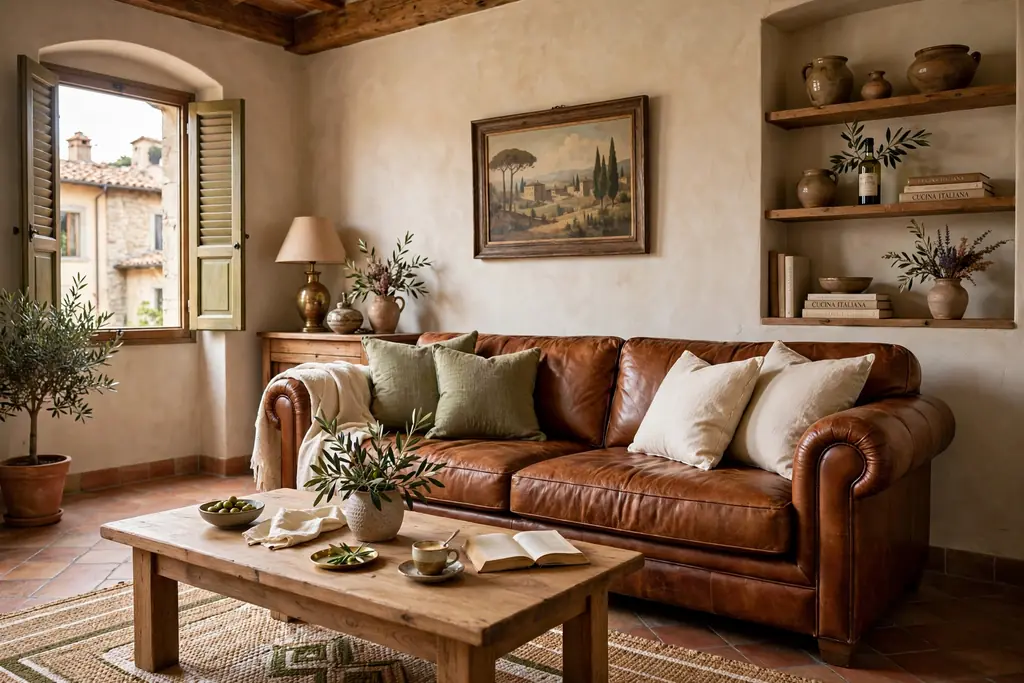 Italian living room anchored by a cognac leather sofa with olive cushions.