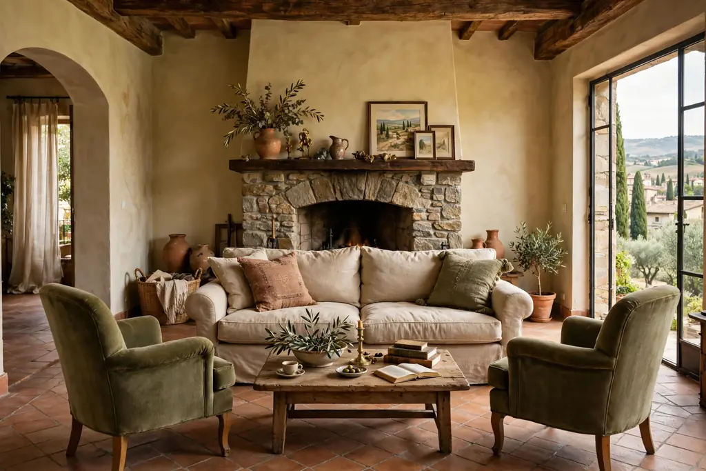Conversation circle of sofa and chairs facing a fireplace in an Italian living room.