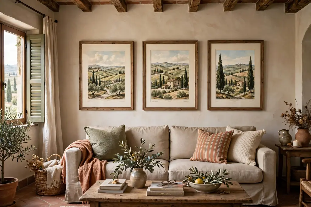 Framed Italian countryside prints above a sofa in an Italian living room.