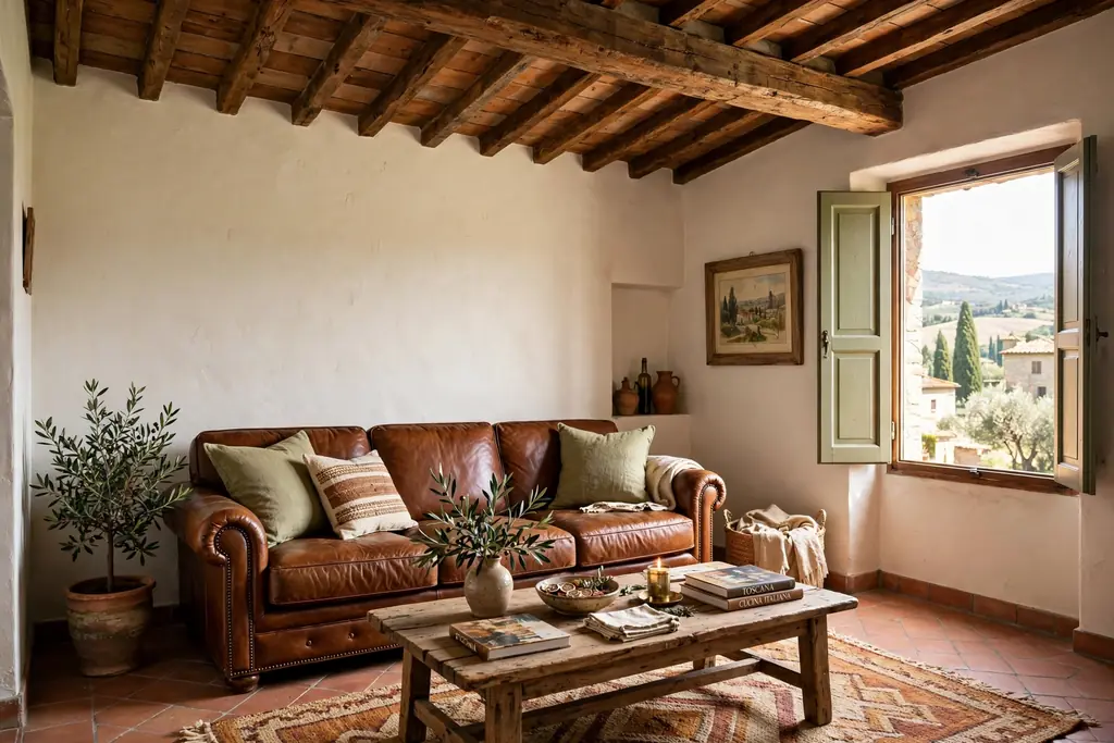 Italian living room with exposed wood ceiling beams and warm white walls.