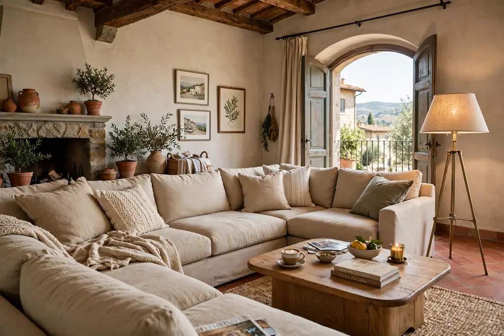 Large family sectional in warm natural fabric in an Italian living room.