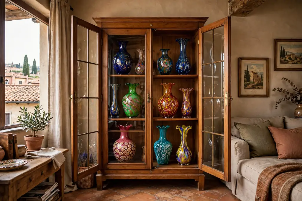 Glass front cabinet displaying colorful Murano glass in an Italian living room.