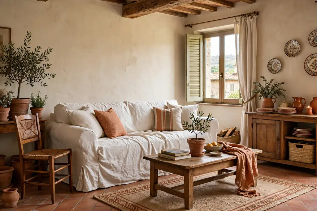 Relaxed linen slipcovered sofa in warm white in an Italian living room.