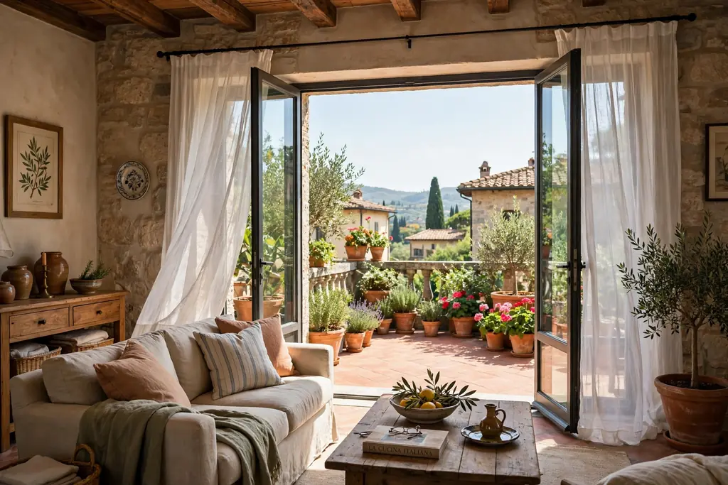 Living room opening through wide doors to a terrace with terracotta tiles and plants.
