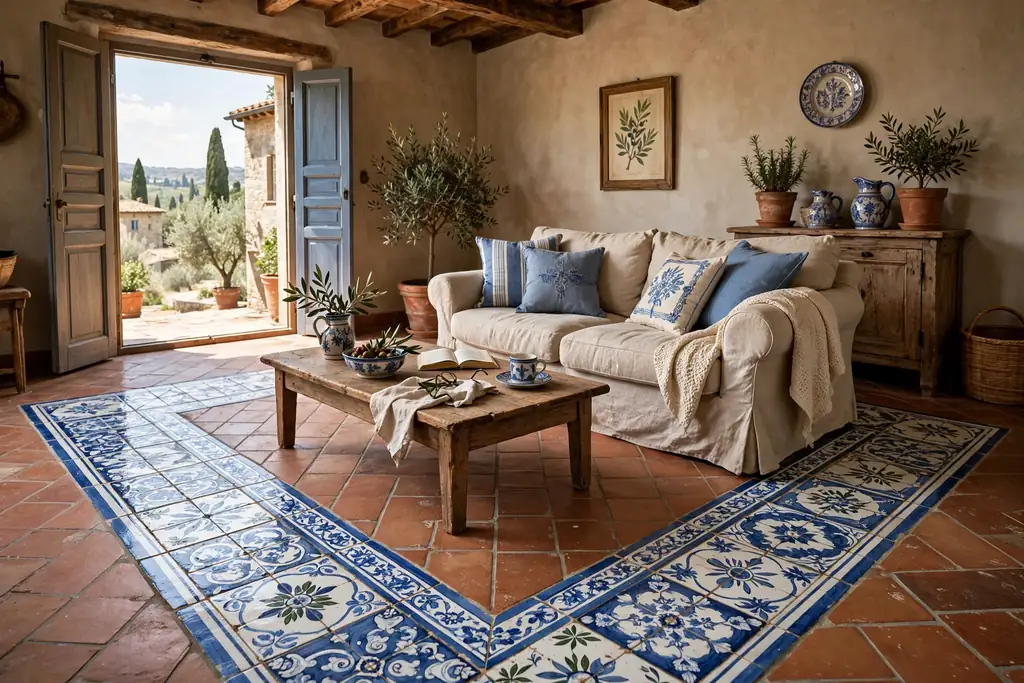 Italian living room floor with a hand painted majolica tile border around a seating area.