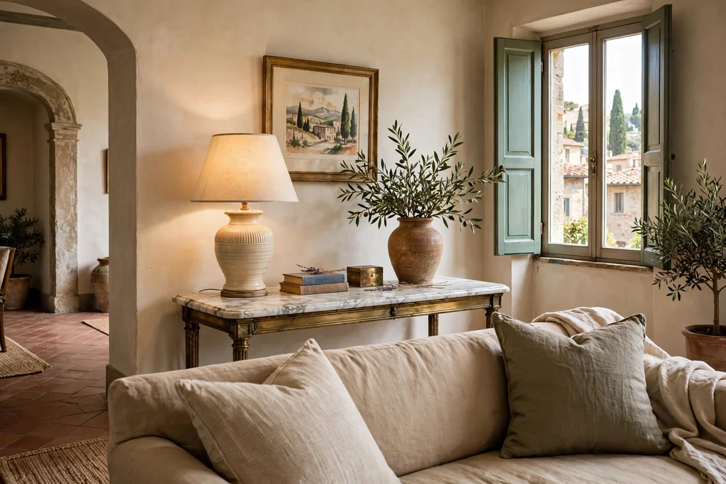 Marble topped console behind a sofa in an Italian living room.
