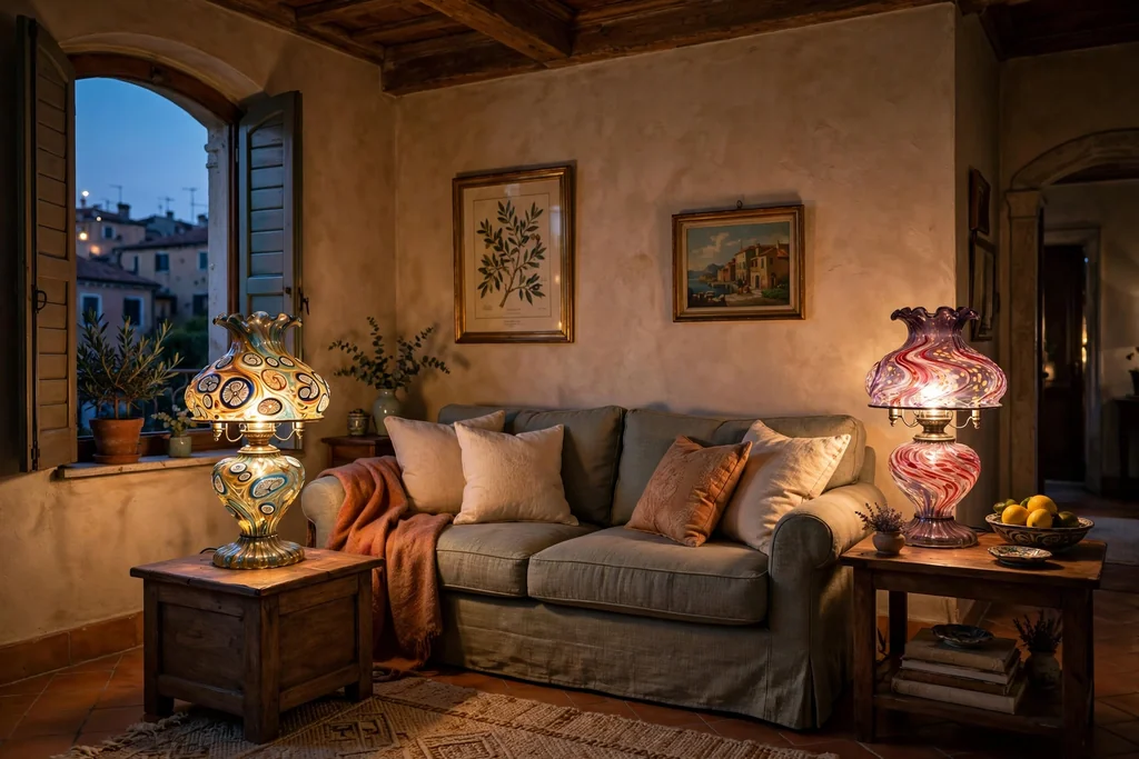 Murano glass table lamps glowing on side tables in an Italian living room.