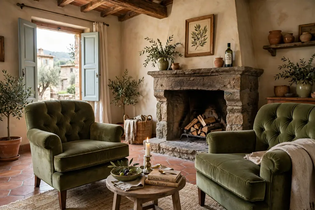 Pair of olive velvet armchairs beside a fireplace in an Italian living room.