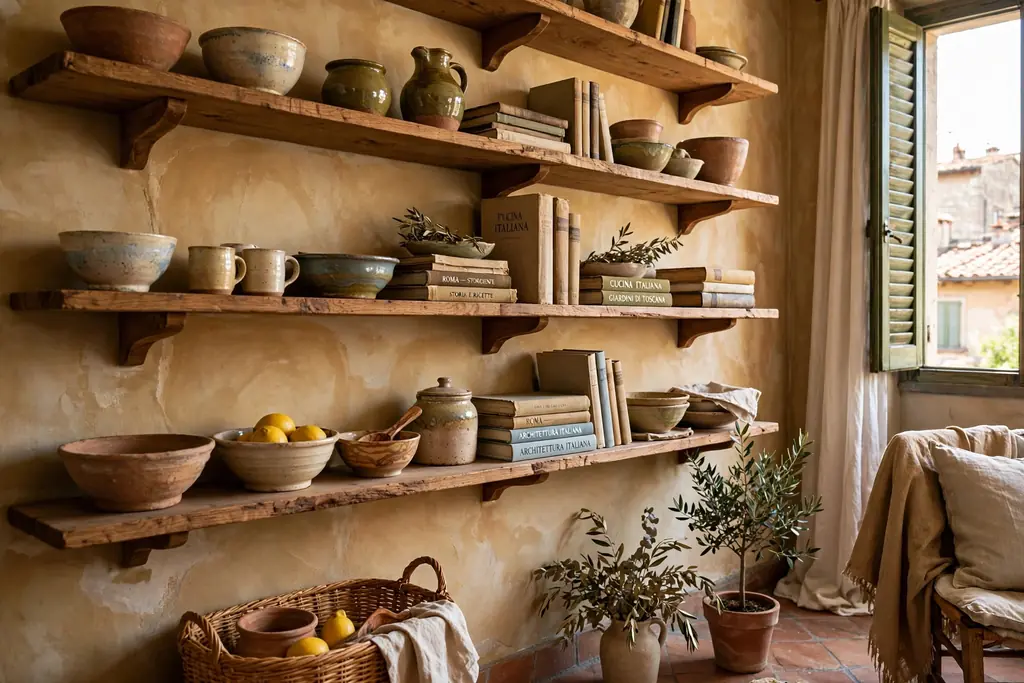 Open wood shelves with ceramics and books in an Italian living room.