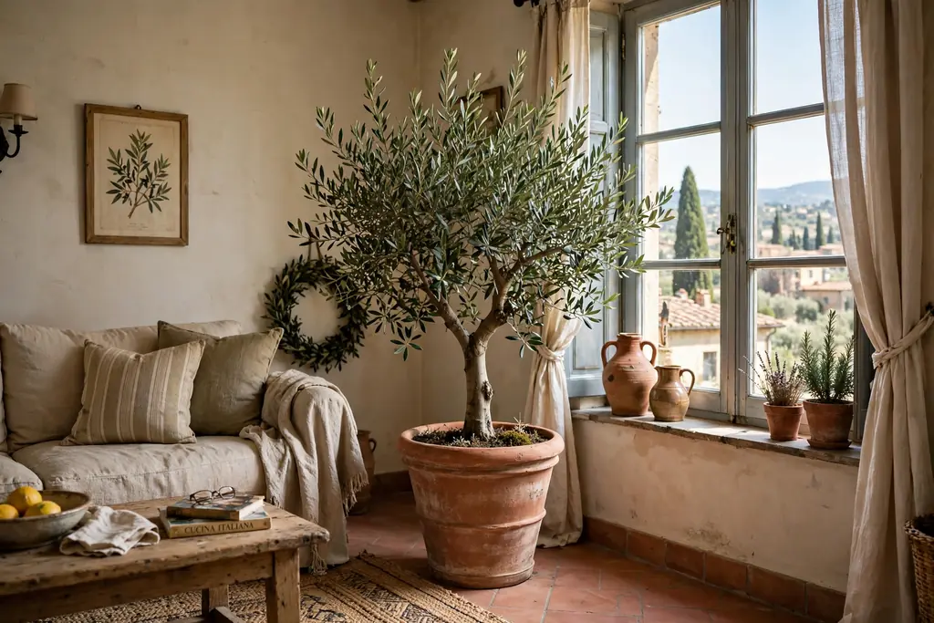 Potted olive tree in a large terracotta pot beside a bright window.