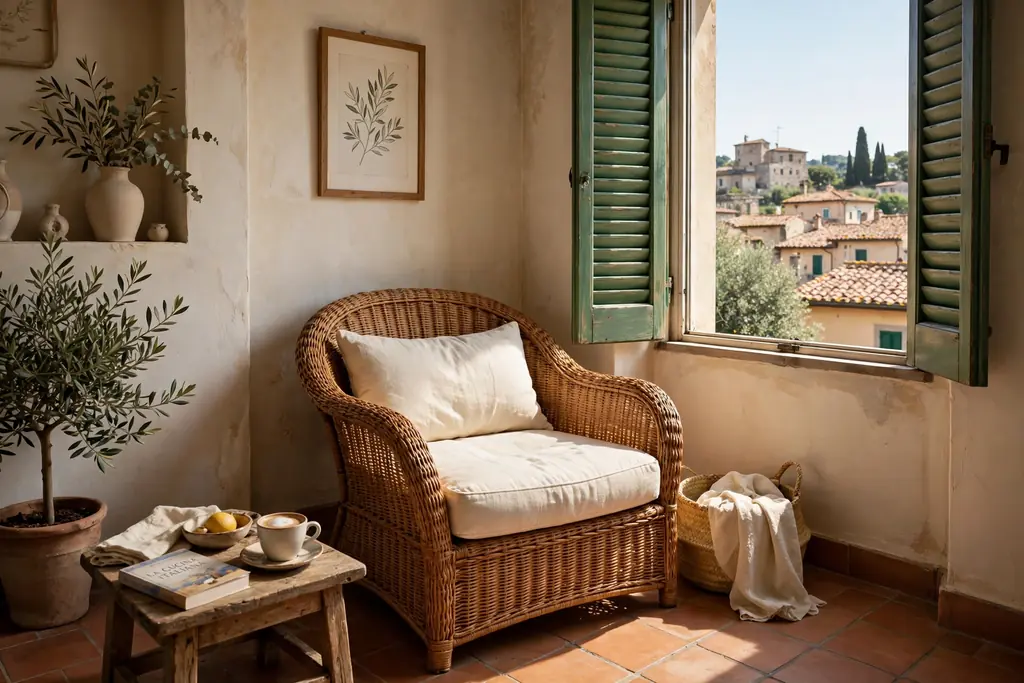 Woven rattan lounge chair in a sunny corner of an Italian living room.
