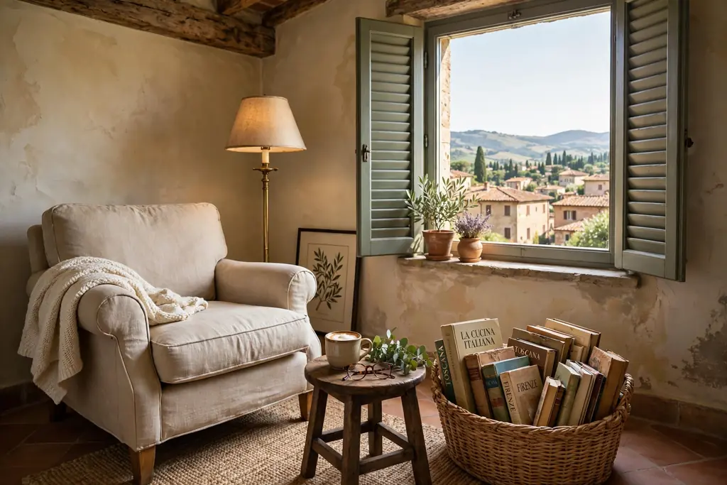 Reading corner with an armchair, floor lamp, and basket in an Italian living room.