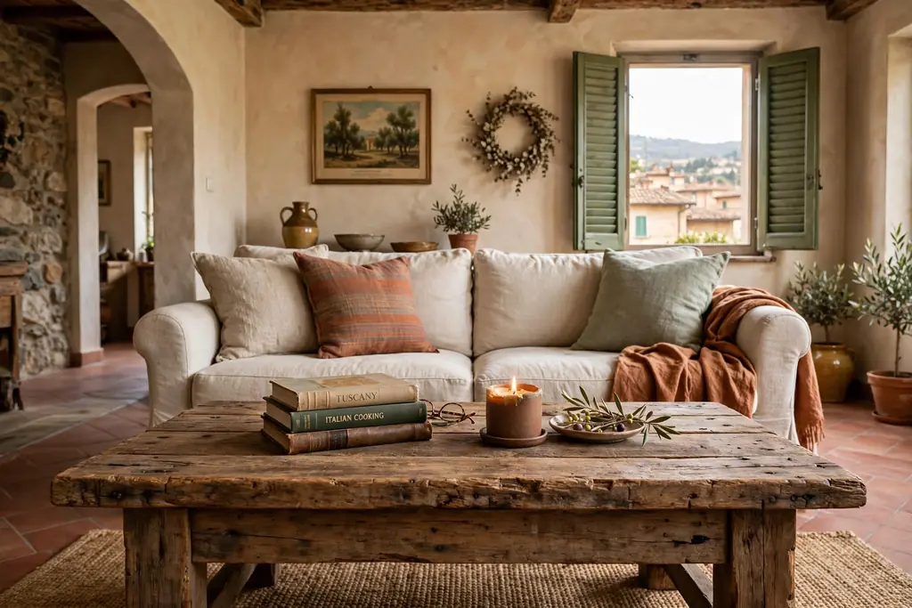 Reclaimed wood coffee table in front of a sofa in an Italian living room.