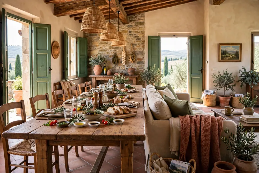 Long shared wood table joining living and dining zones in an Italian living room.