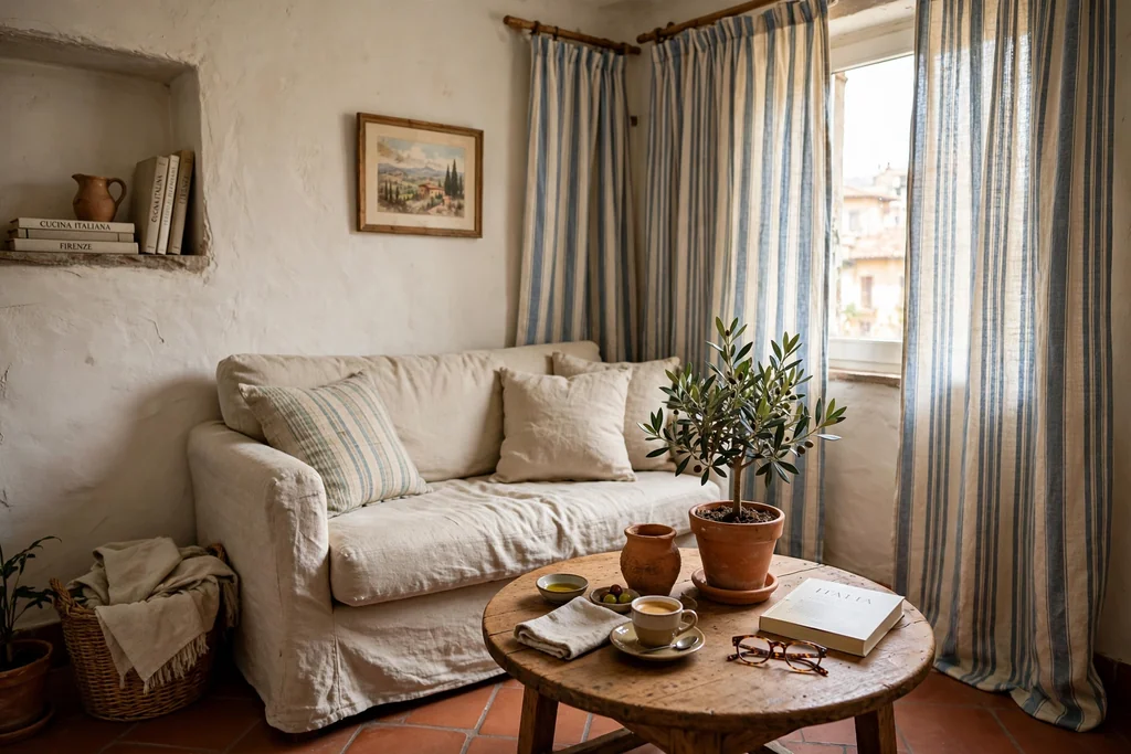 Compact Italian living room with a small linen sofa, round wood table, and terracotta pot.