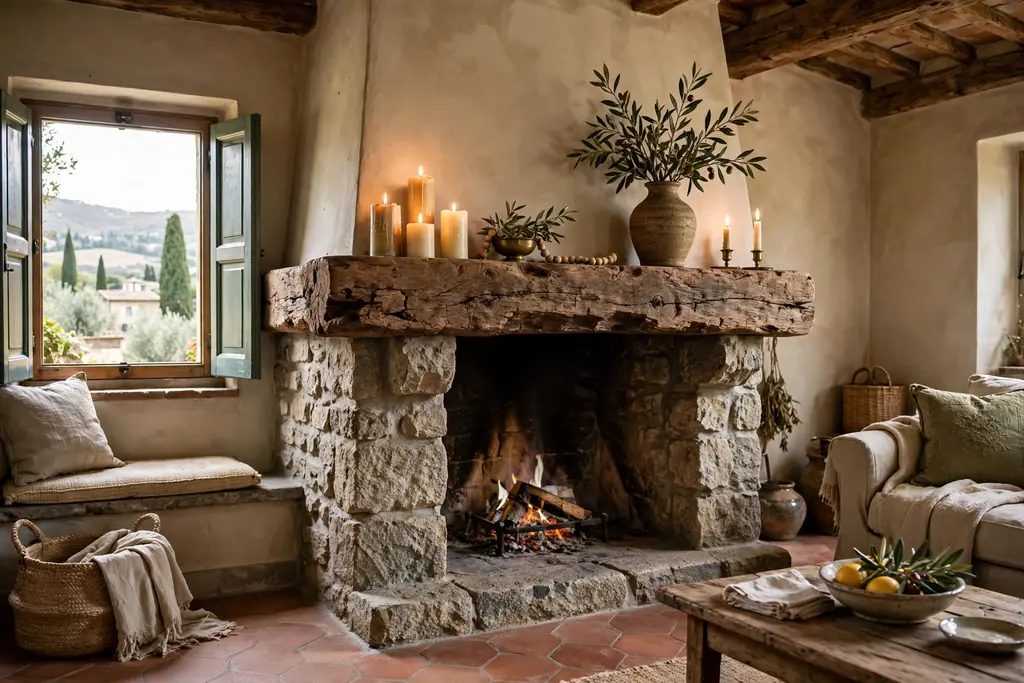 Stone fireplace with a thick wood mantel in an Italian living room.
