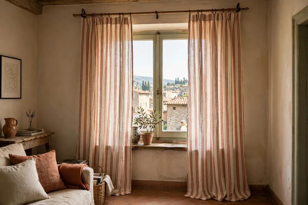 Striped linen curtains in warm neutrals at a window in an Italian living room.