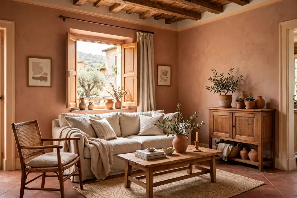 Italian living room with soft terracotta limewash walls and warm white trim.