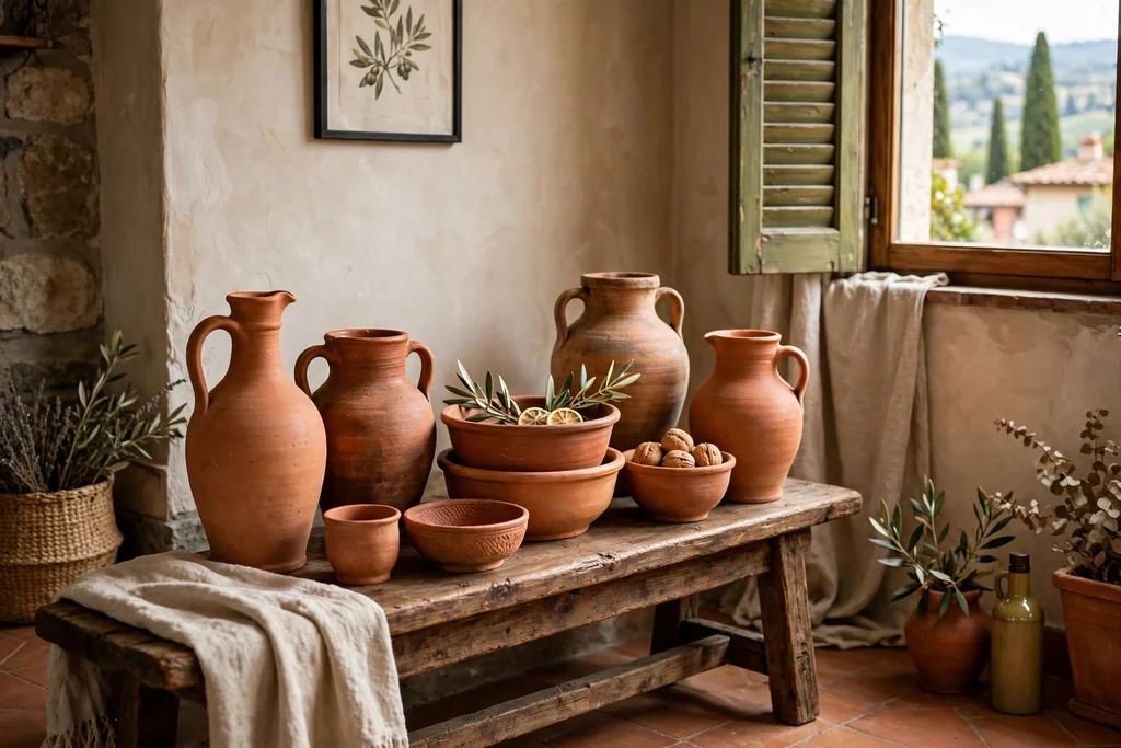 Terracotta pottery collection on a low wood bench in an Italian living room.