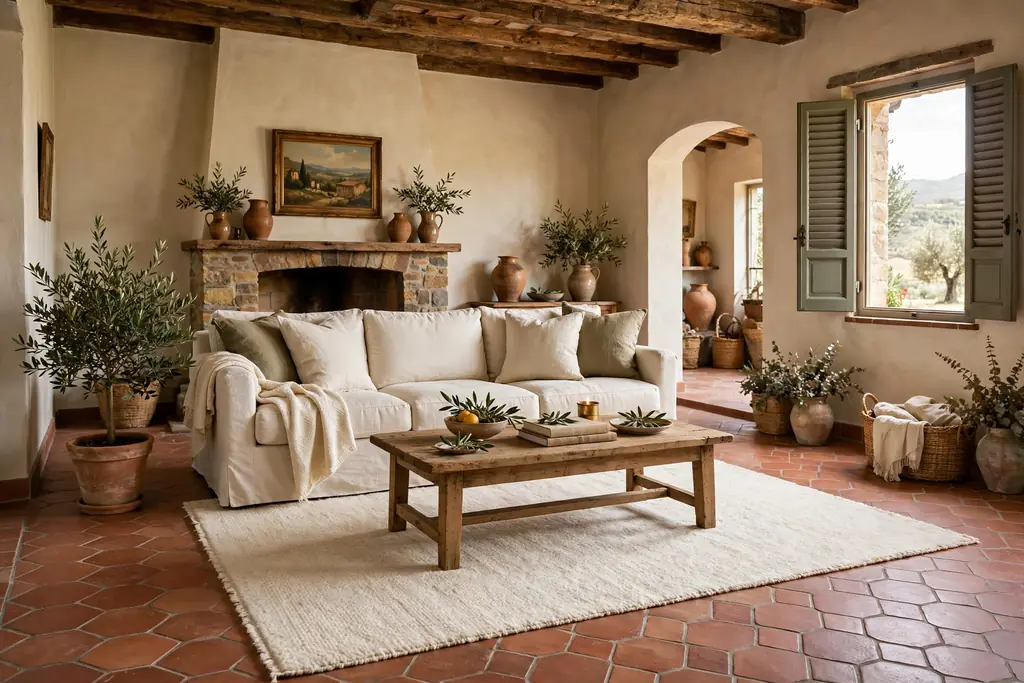 Italian living room with terracotta tile floors and a large wool rug.