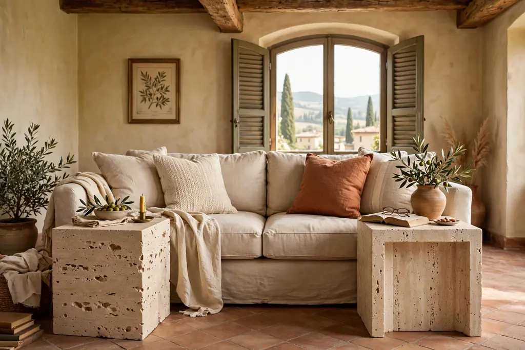 Travertine side tables beside a sofa in an Italian living room.