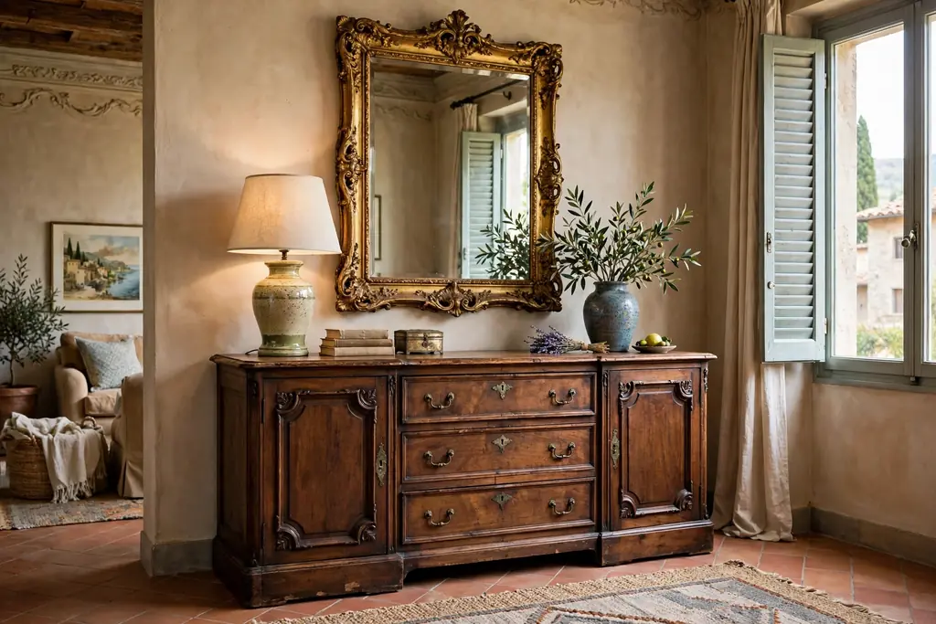 Antique walnut credenza under a mirror in an Italian living room.