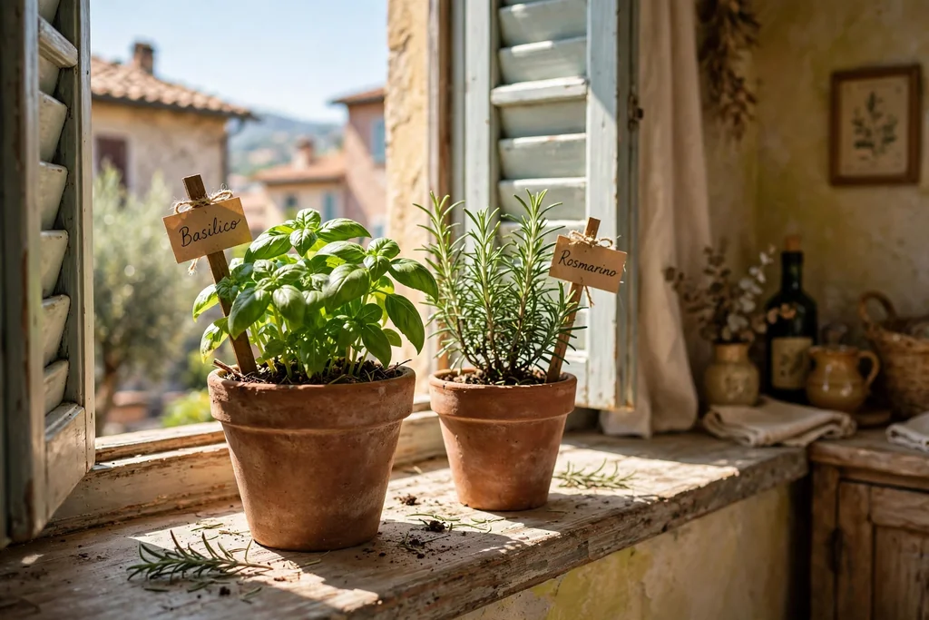 Small herb pots in terracotta on a sunny windowsill in an Italian living room.