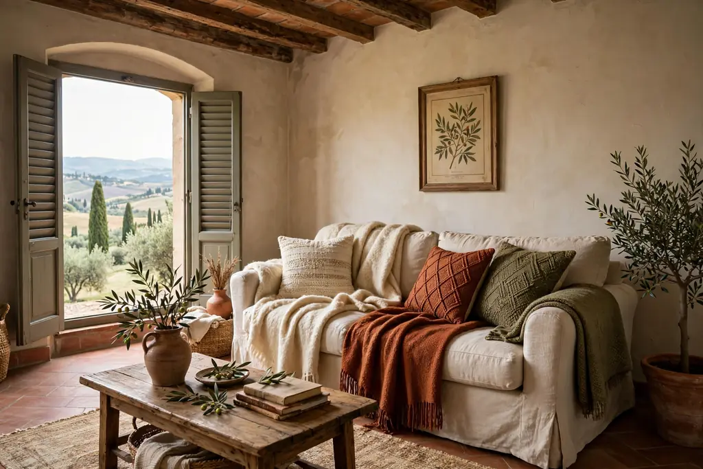 Sofa layered with wool throws and woven cushions in an Italian living room.