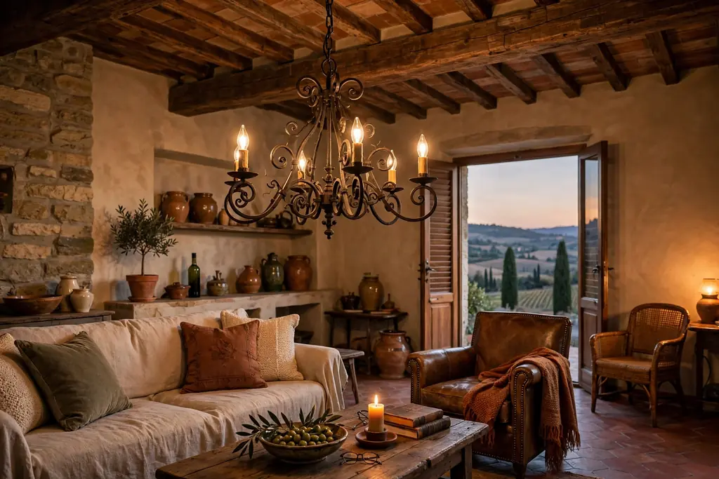 Wrought iron chandelier over a seating area in an Italian living room.