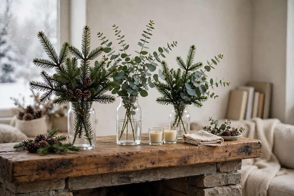 Fresh evergreen sprigs and eucalyptus in plain glass vases on a wooden mantel.