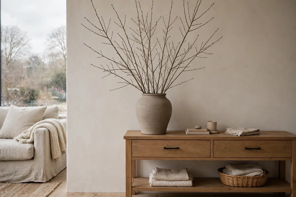 Tall bare branches in a heavy vase beside a console in a calm living room.