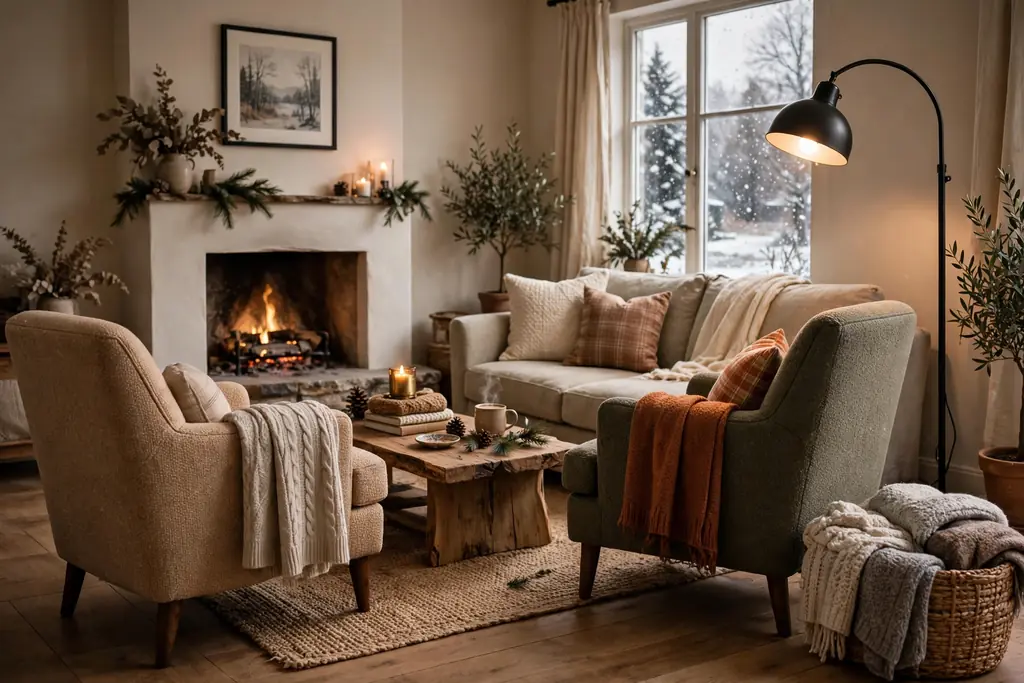 Living room seating arranged for conversation with chairs angled toward a sofa.