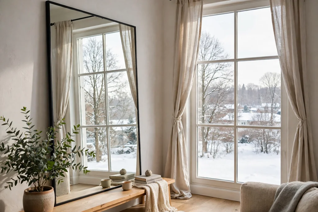 Bright room with a large mirror opposite a window reflecting daylight.