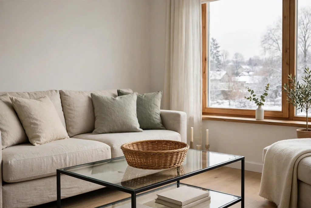 Living room being tidied with a basket on a clear coffee table.