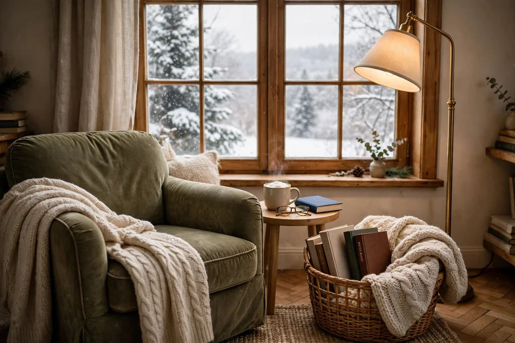 Cozy reading corner by a window with an armchair, a floor lamp, and a basket of books.