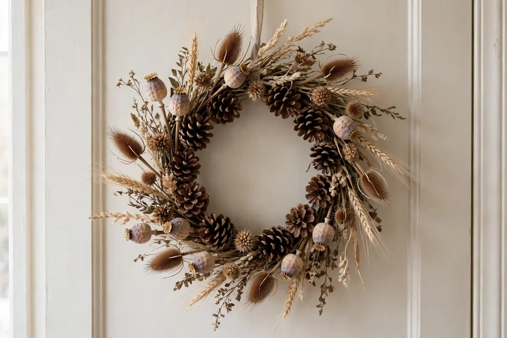 Simple winter wreath of pinecones and dried seed heads on an interior door.