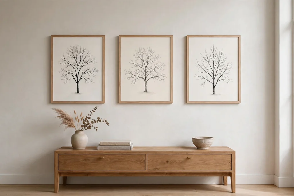 Wall with calm winter prints of bare trees in frames over a console.