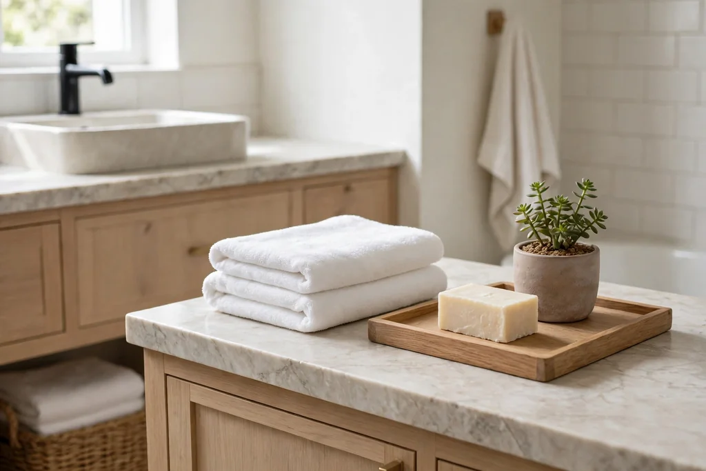 Bathroom with plain white towels, a wooden tray, and a small plant.