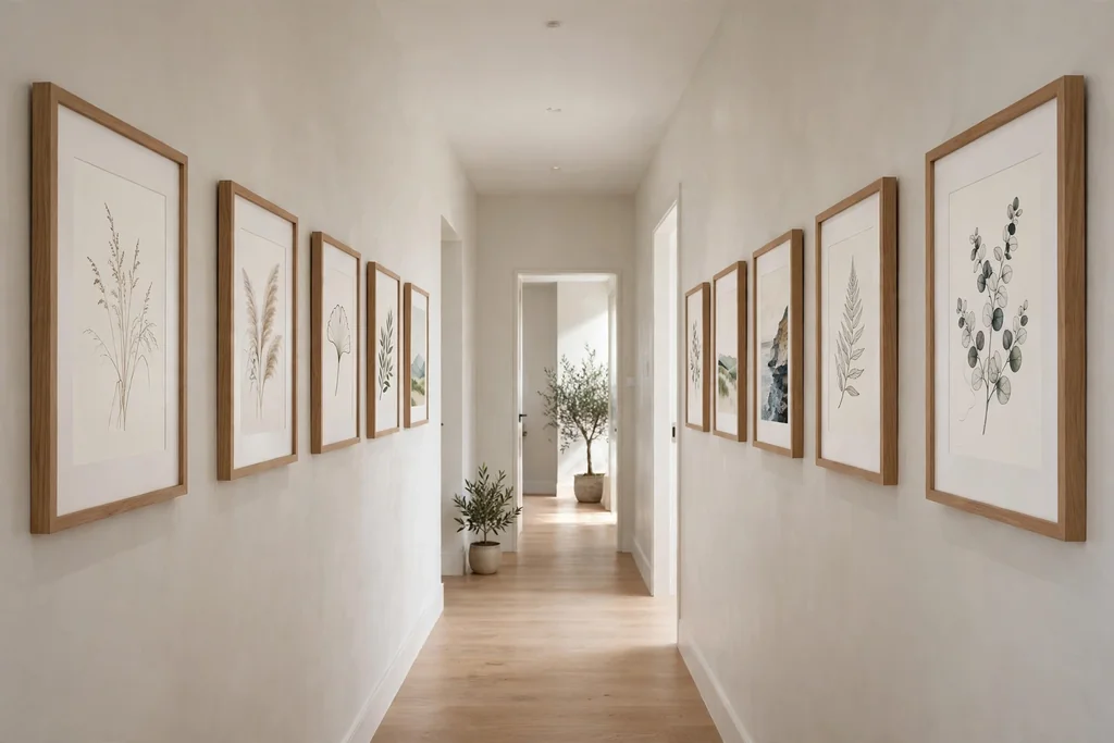 Hallway gallery with evenly spaced frames along a calm wall.