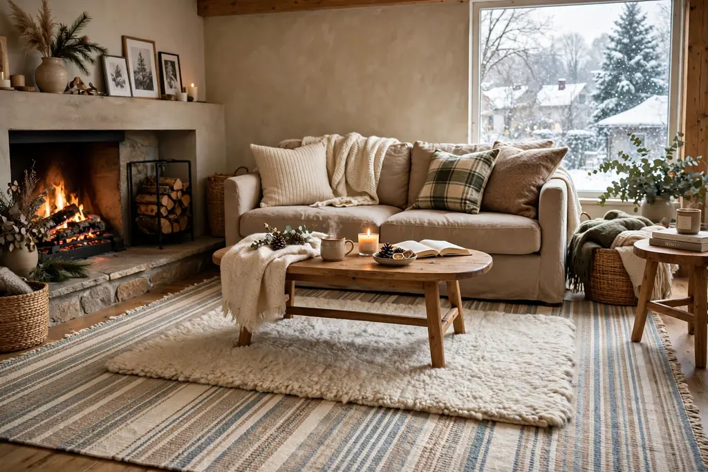 Living room with layered rugs, a flat weave rug under a smaller wool rug.