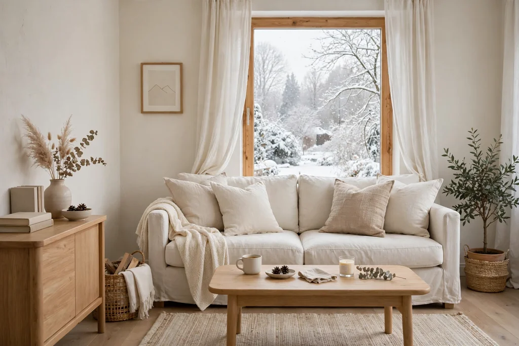 Living room decorated in cream and soft white with a pale sofa and linen cushions.