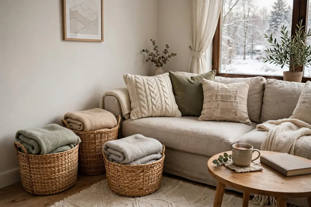 Living room corner with woven baskets holding folded blankets.